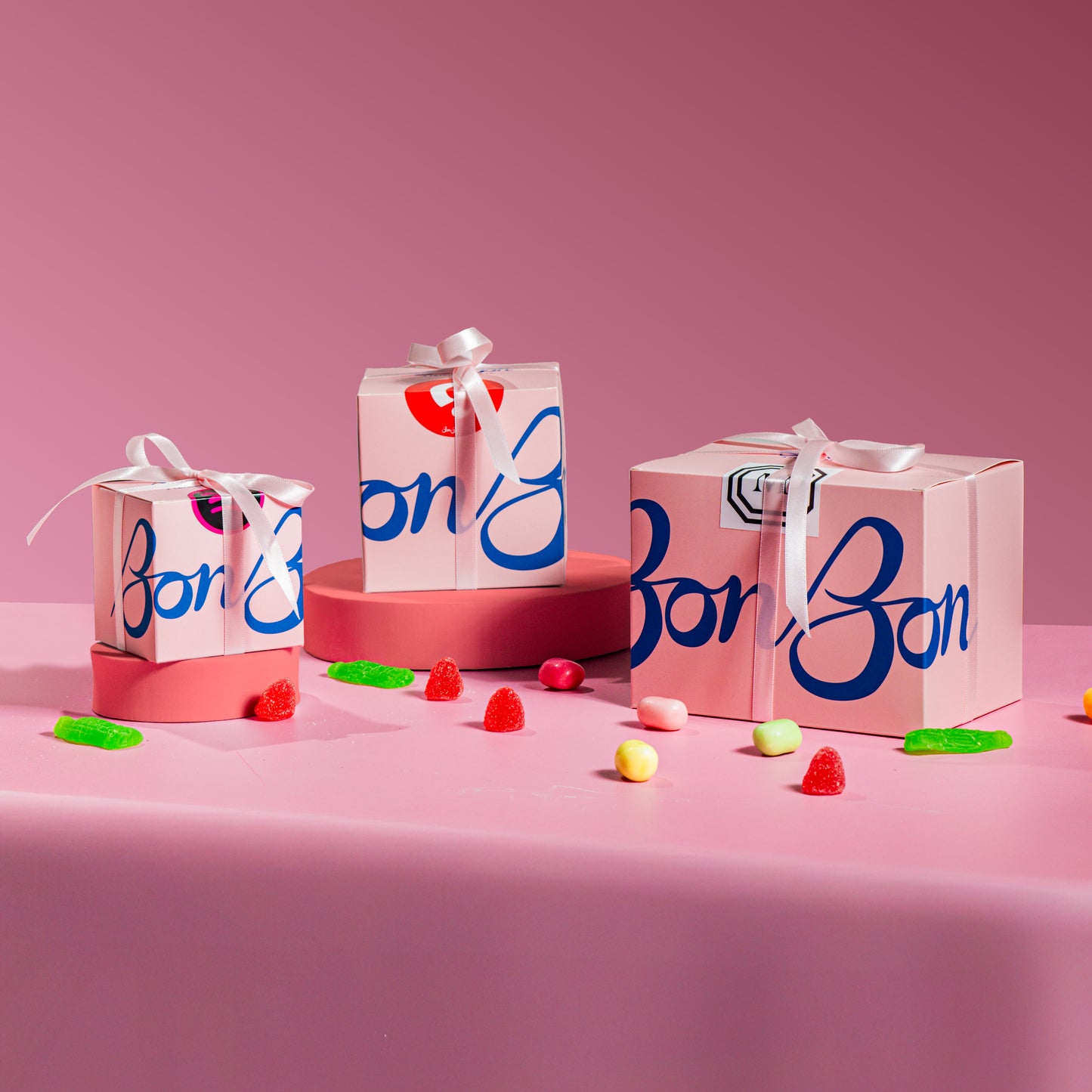 Classic pink BonBon boxes with custom stickers