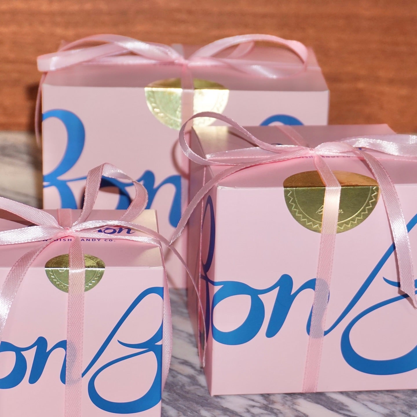 Large, medium, small classic pink BonBon boxes